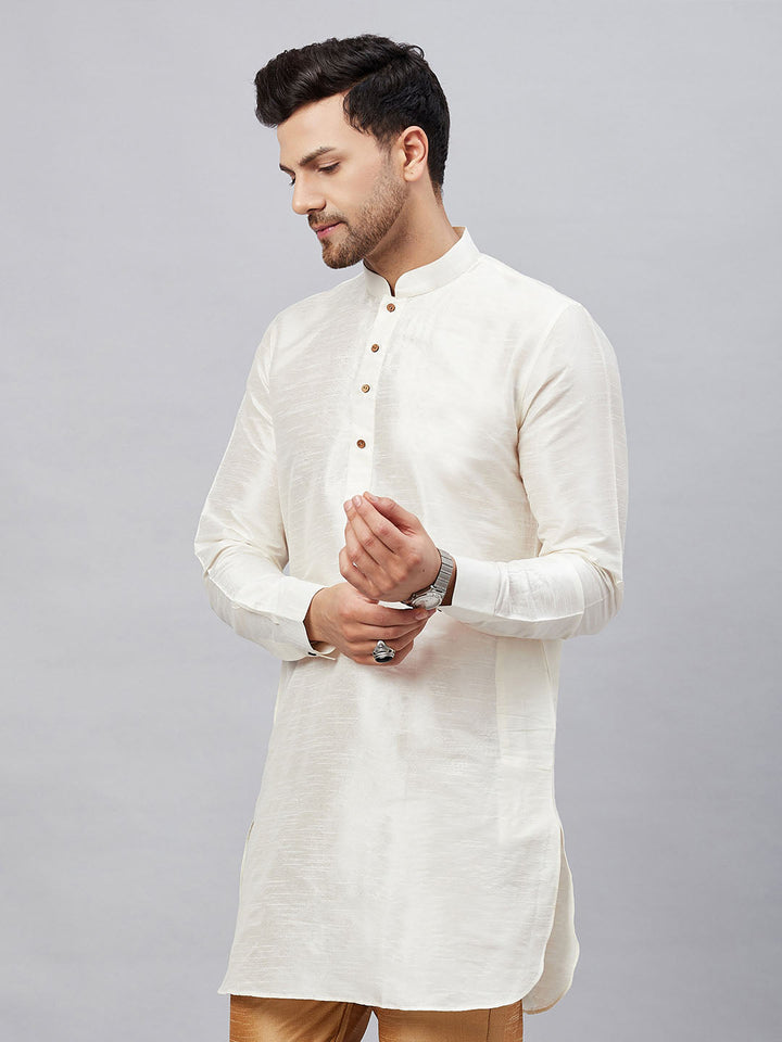 VASTRAMAY Men's Cream Silk Blend Curved Kurta