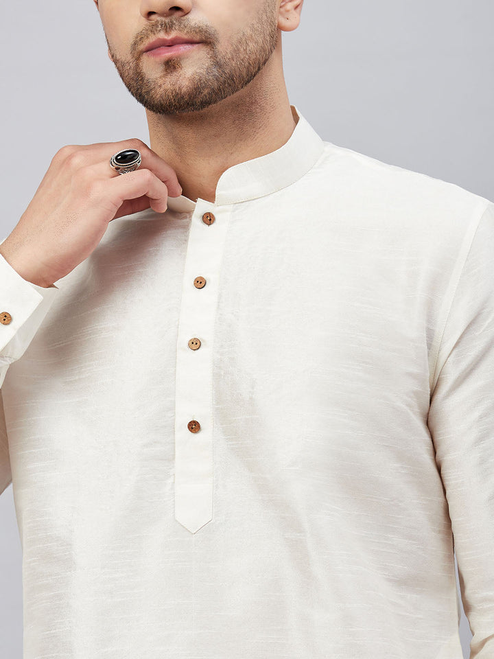 VASTRAMAY Men's Cream Silk Blend Curved Kurta