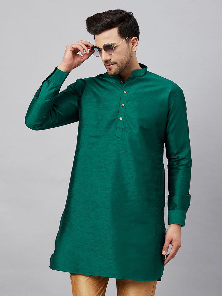 VASTRAMAY Men's Green Silk Blend Curved Kurta