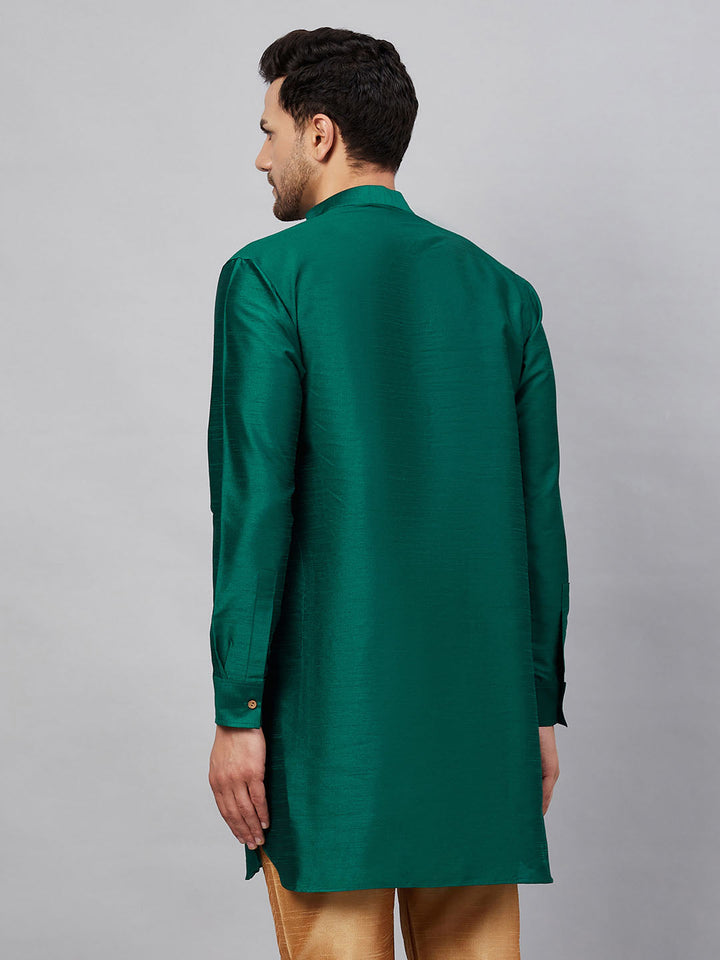 VASTRAMAY Men's Green Silk Blend Curved Kurta