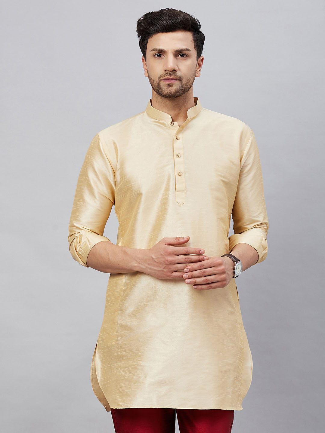 Men's Gold Silk Blend Curved Kurta