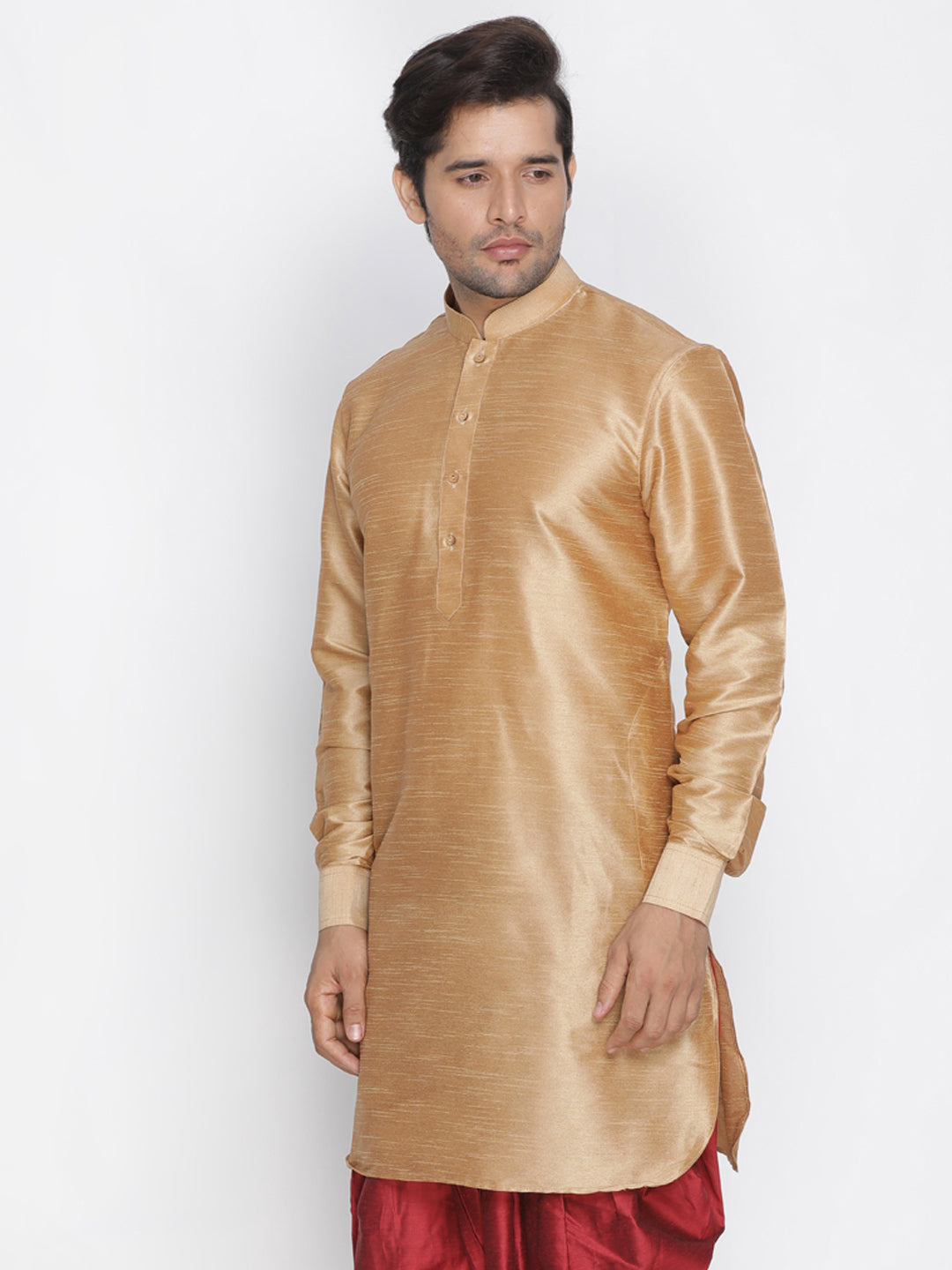 Men's Rose Gold Silk Blend Curved Kurta
