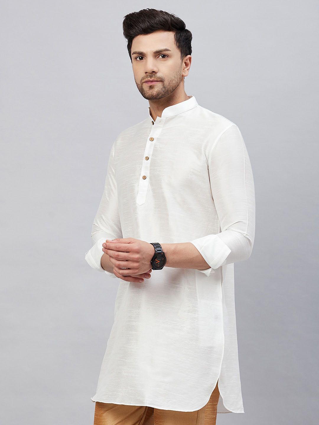 VASTRAMAY Men's White Silk Blend Curved Kurta