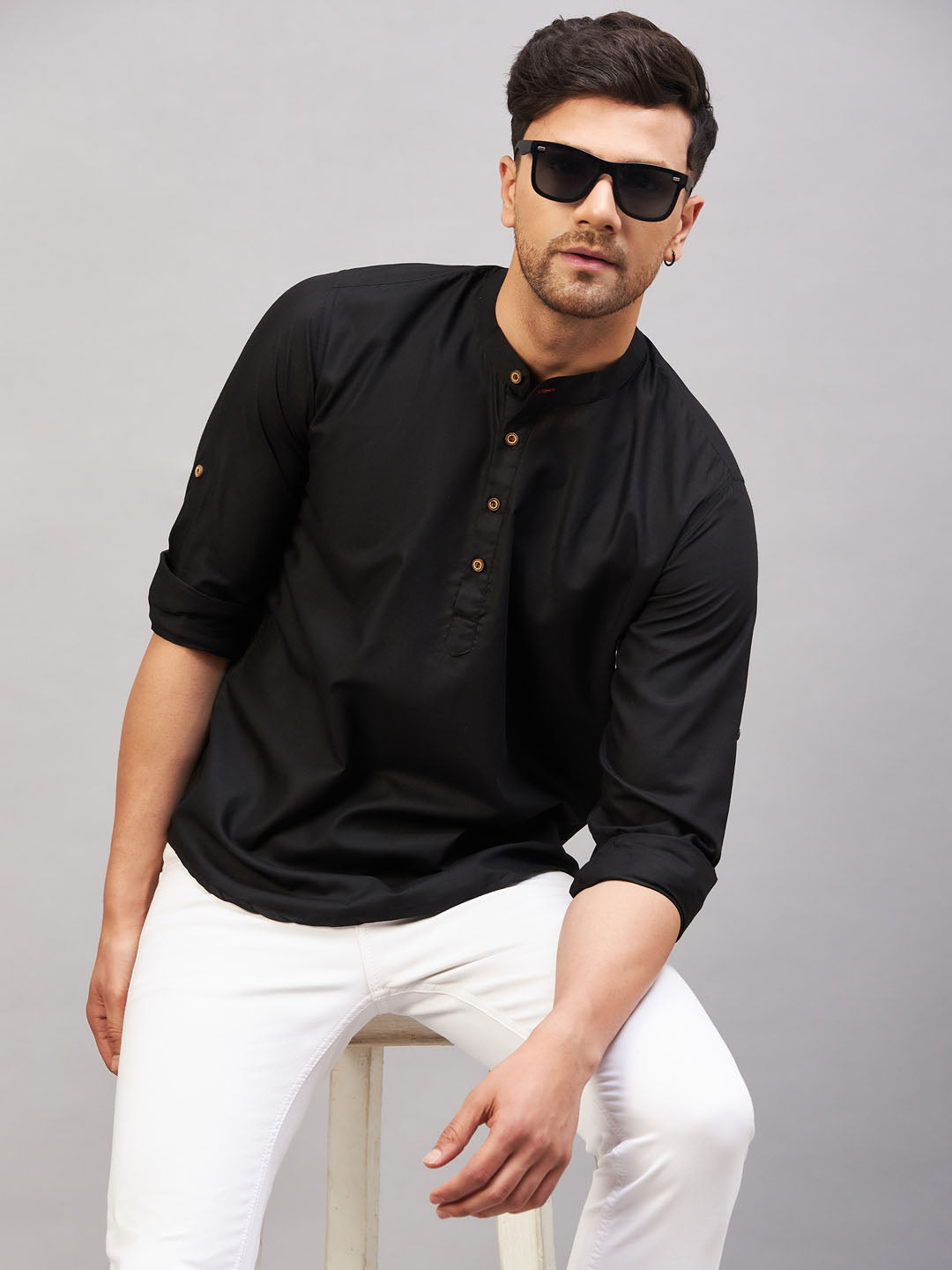 Men's Black Short Cotton Kurta