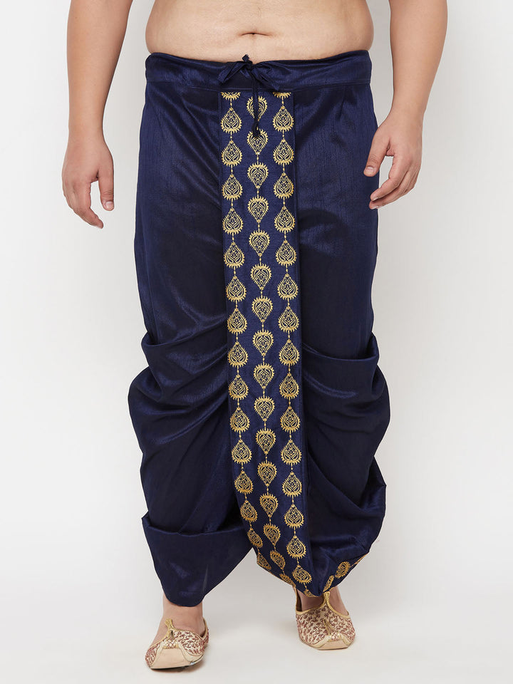Men's Plus Size Navy Blue  Cotton Blend Embroidered Traditional Dhoti