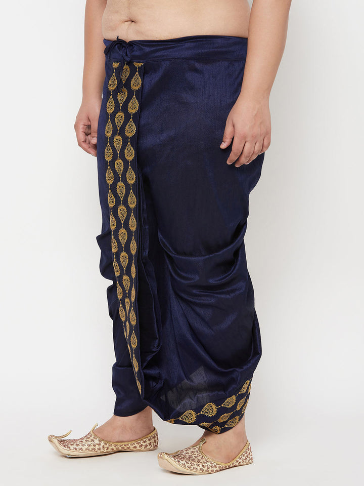 Men's Plus Size Navy Blue  Cotton Blend Embroidered Traditional Dhoti