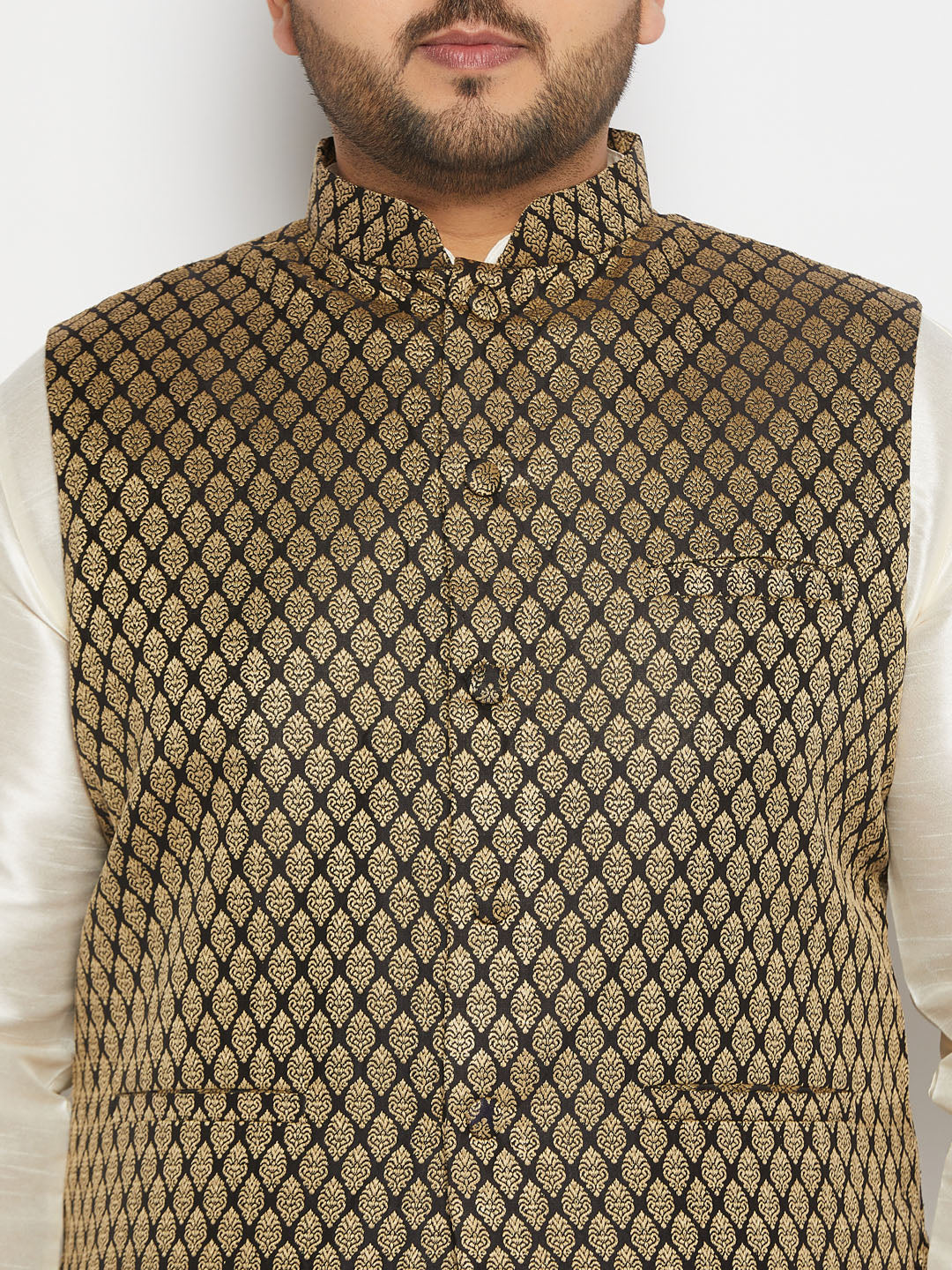 Men's Plus Size Black And Gold Jacquard Nehru Jacket