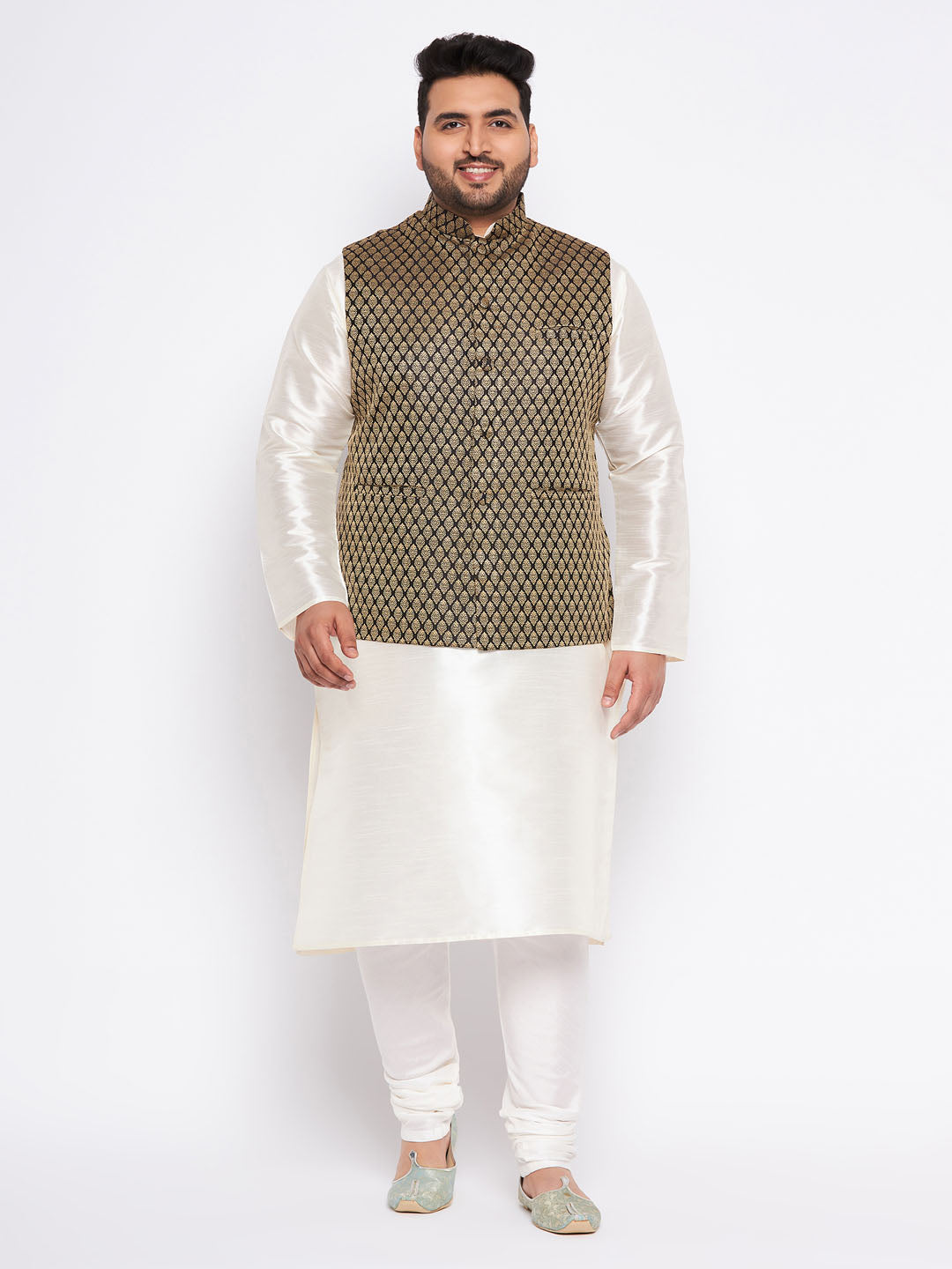 Men's Plus Size  Black Ethnic Jacket With Cream Silk Blend Kurta And Pyjama Set