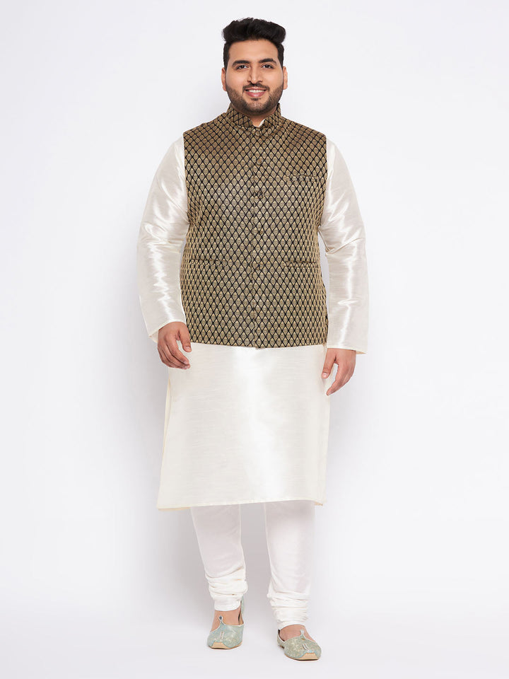 Men's Plus Size  Black Ethnic Jacket With Cream Silk Blend Kurta And Pyjama Set