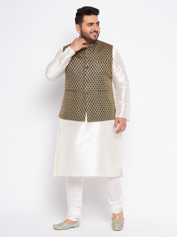 Men's Plus Size  Black Ethnic Jacket With Cream Silk Blend Kurta And Pyjama Set