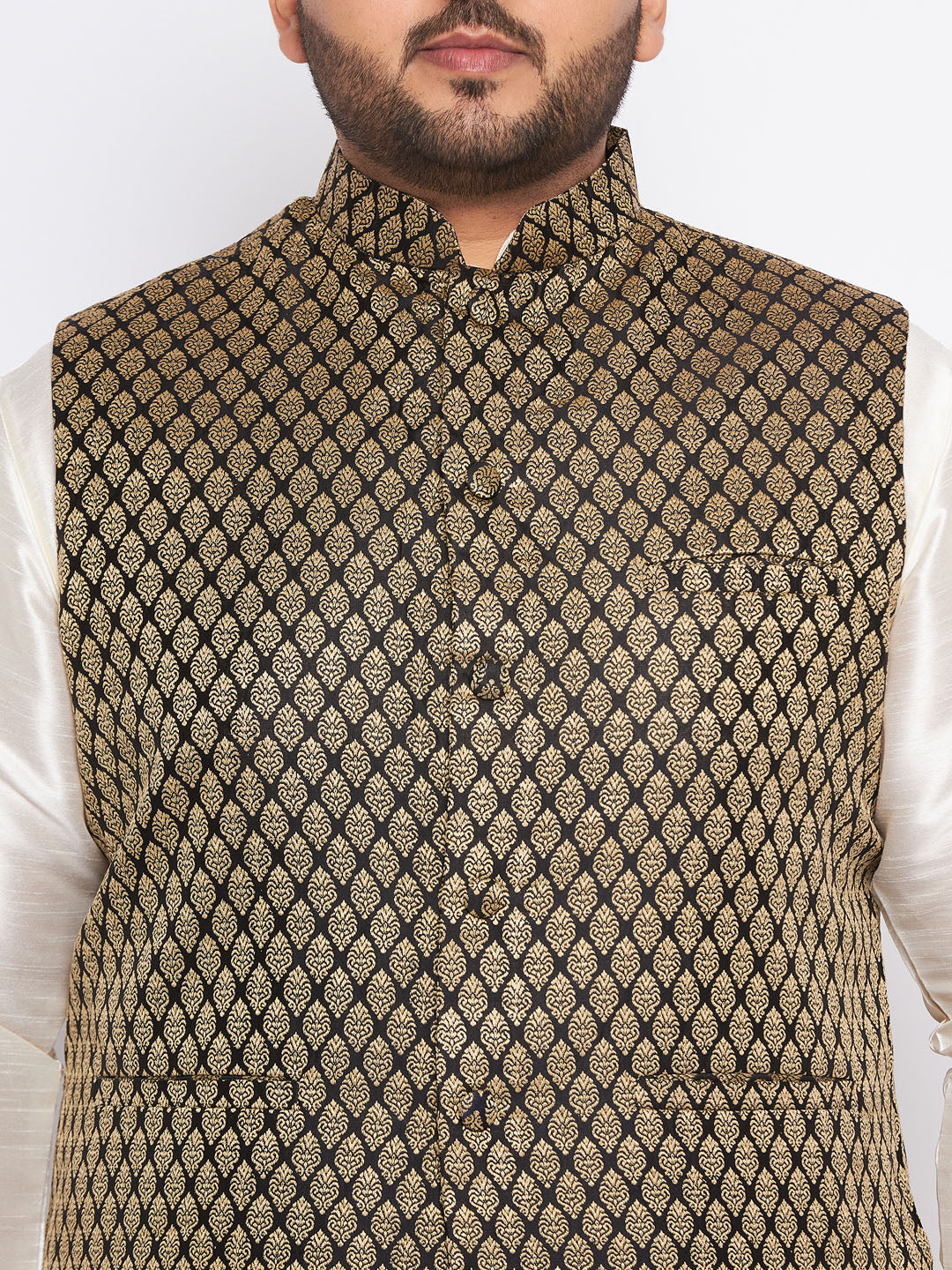 Men's Plus Size  Black Ethnic Jacket With Cream Silk Blend Kurta And Pyjama Set