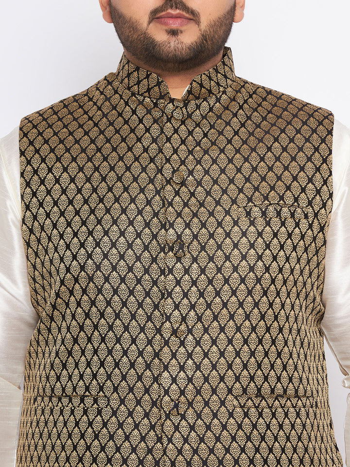Men's Plus Size  Black Ethnic Jacket With Cream Silk Blend Kurta And Pyjama Set