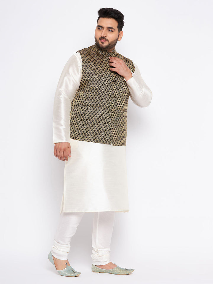 Men's Plus Size  Black Ethnic Jacket With Cream Silk Blend Kurta And Pyjama Set