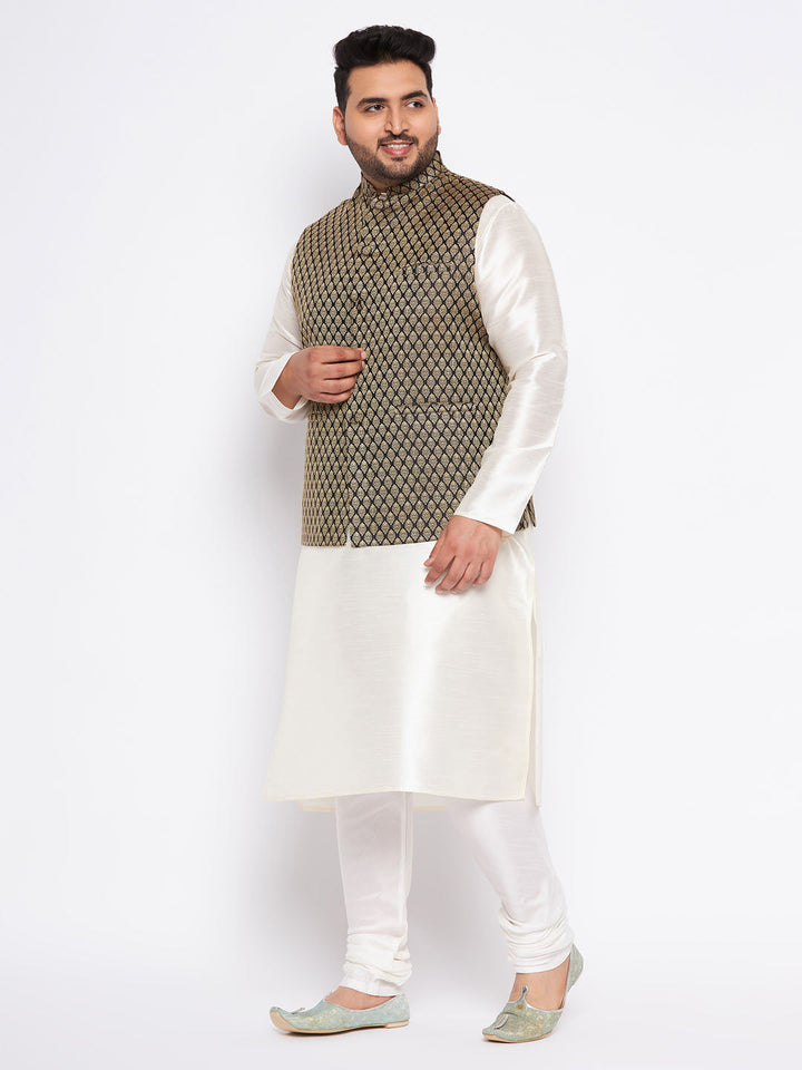 Men's Plus Size  Black Ethnic Jacket With Cream Silk Blend Kurta And Pyjama Set