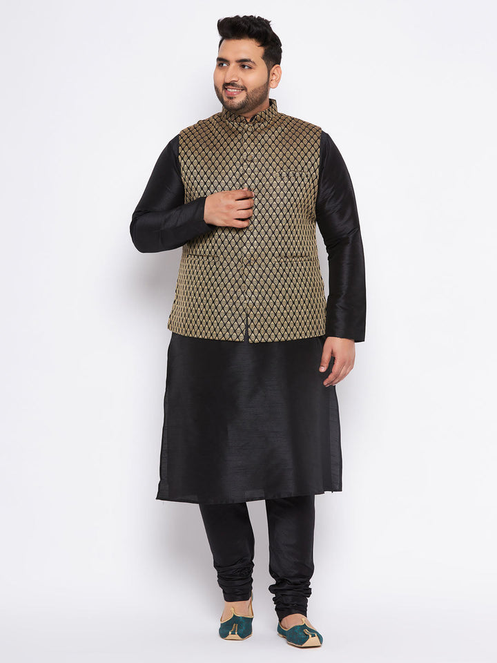 Men's Plus Size  Black Ethnic Jacket With Black Silk Blend Kurta And Pyjama Set