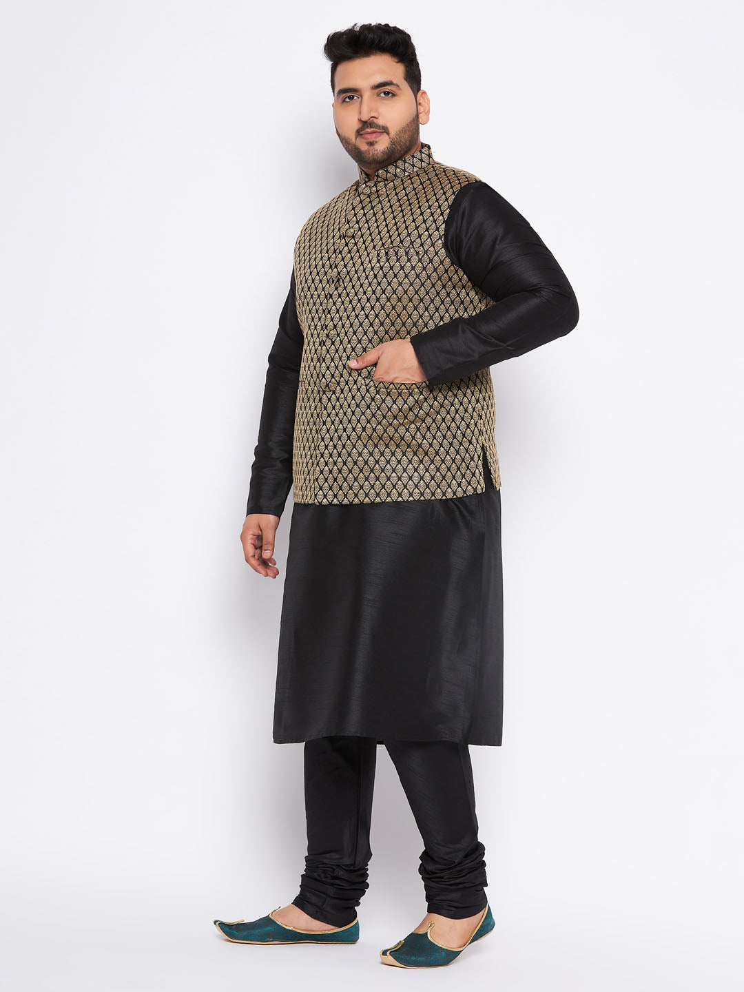 Men's Plus Size  Black Ethnic Jacket With Black Silk Blend Kurta And Pyjama Set