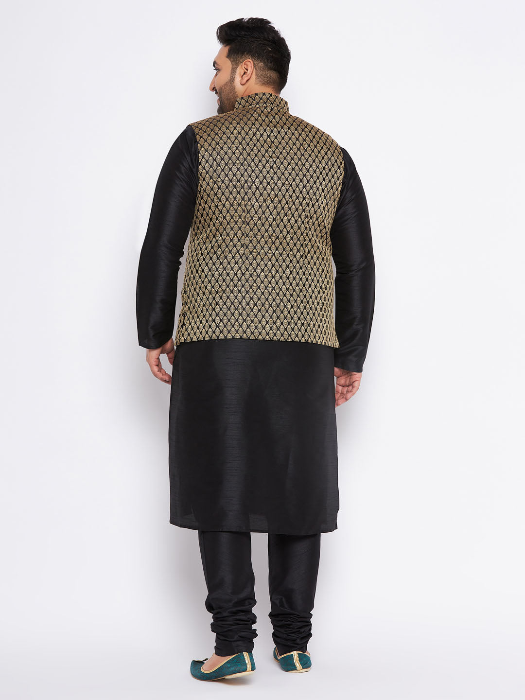 Men's Plus Size  Black Ethnic Jacket With Black Silk Blend Kurta And Pyjama Set