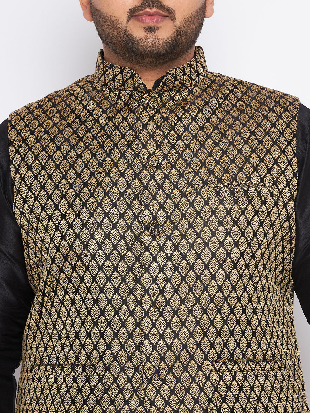 Men's Plus Size  Black Ethnic Jacket With Black Silk Blend Kurta And Pyjama Set