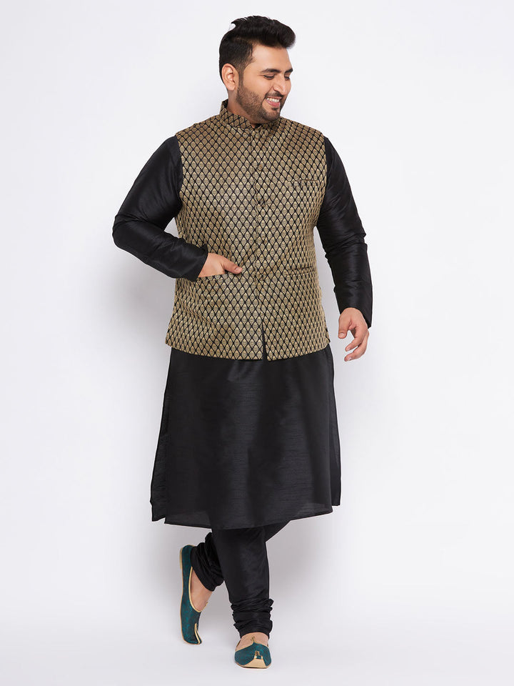Men's Plus Size  Black Ethnic Jacket With Black Silk Blend Kurta And Pyjama Set