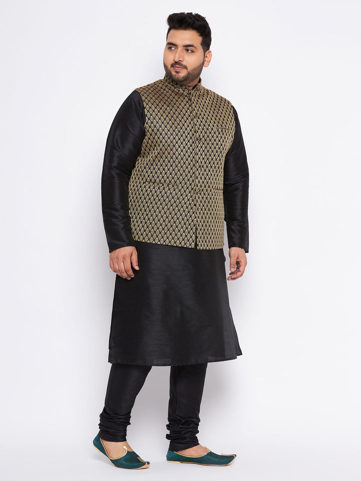Men's Plus Size  Black Ethnic Jacket With Black Silk Blend Kurta And Pyjama Set