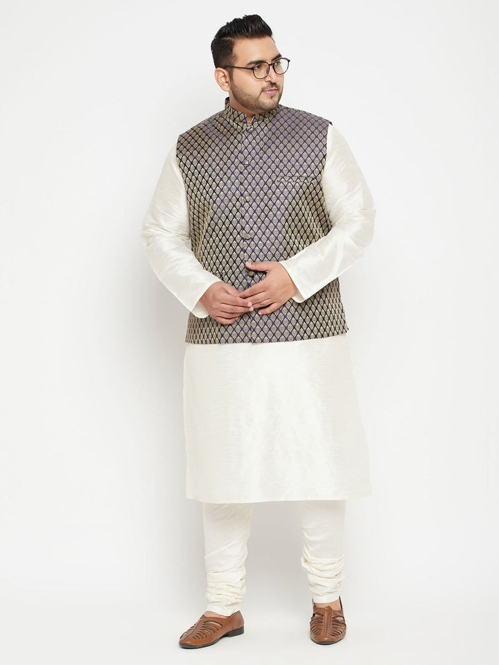 Men's Plus Size Cream And Navy Blue Silk Blend Jacket Kurta Pyjama Set