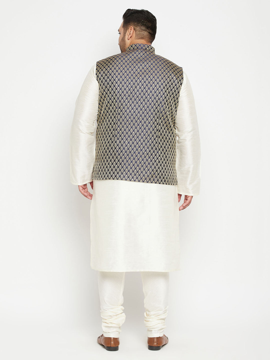 Men's Plus Size Cream And Navy Blue Silk Blend Jacket Kurta Pyjama Set