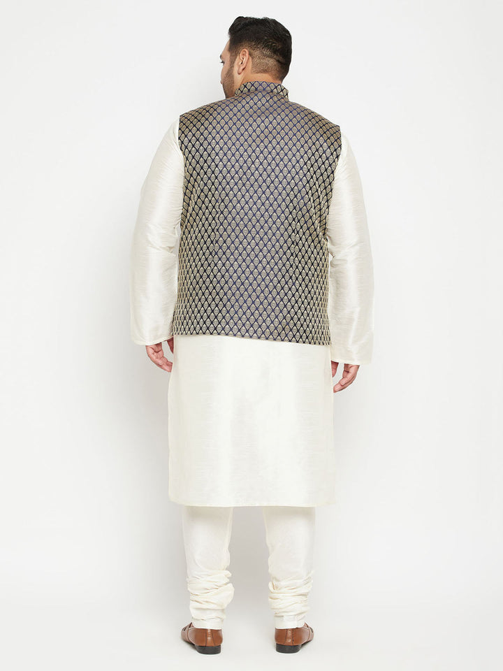 Men's Plus Size Cream And Navy Blue Silk Blend Jacket Kurta Pyjama Set