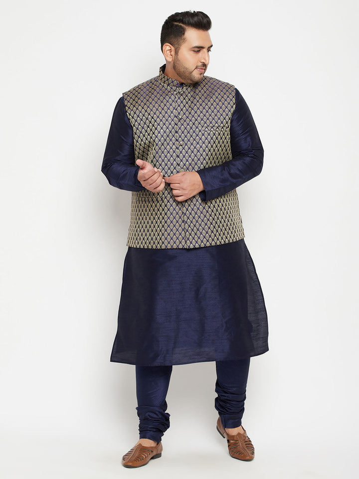 Men's Plus Size Navy Blue Woven Silk Blend Jacket Kurta Pyjama Set