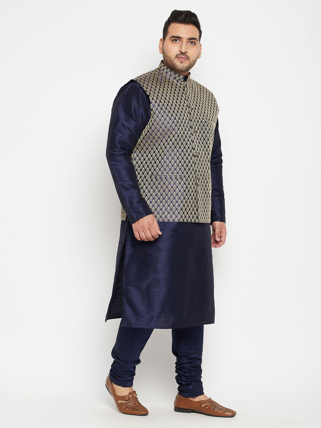 Men's Plus Size Navy Blue Woven Silk Blend Jacket Kurta Pyjama Set