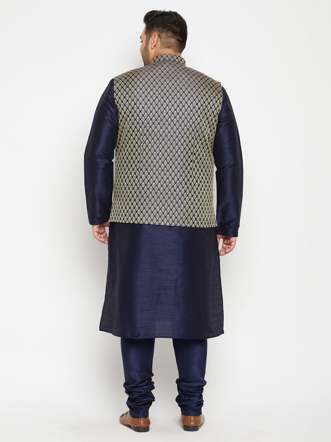 Men's Plus Size Navy Blue Woven Silk Blend Jacket Kurta Pyjama Set