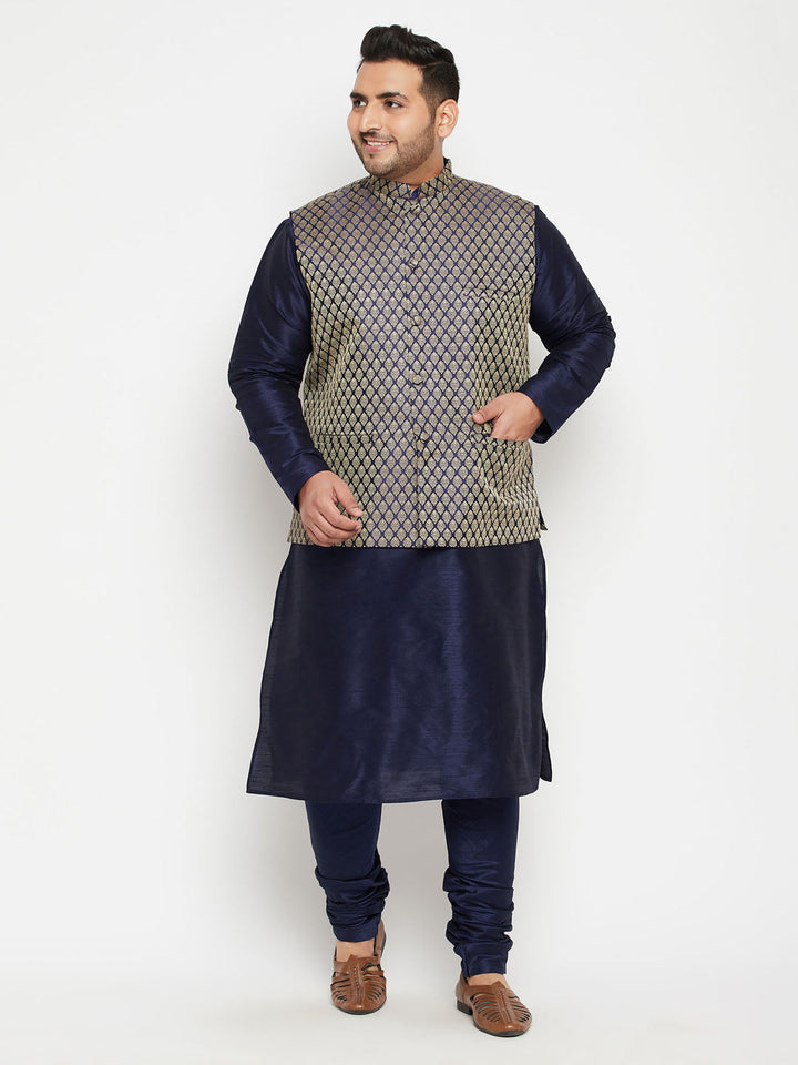 Men's Plus Size Navy Blue Woven Silk Blend Jacket Kurta Pyjama Set