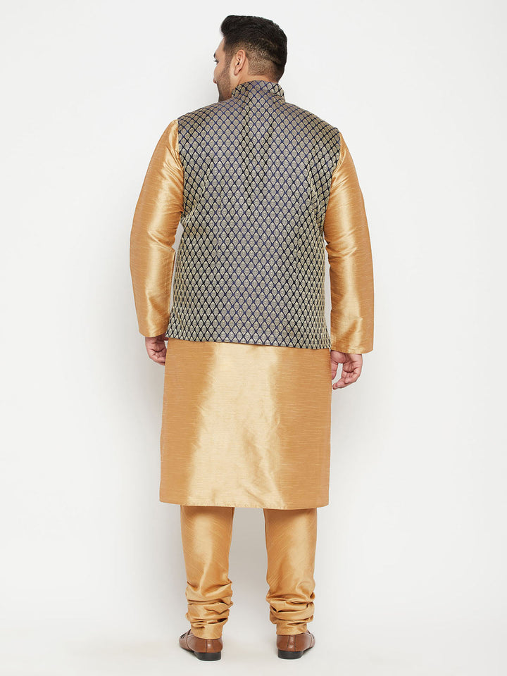 Men's Plus Size Rose Gold And Blue Woven Silk Blend Jacket Kurta Pyjama Set