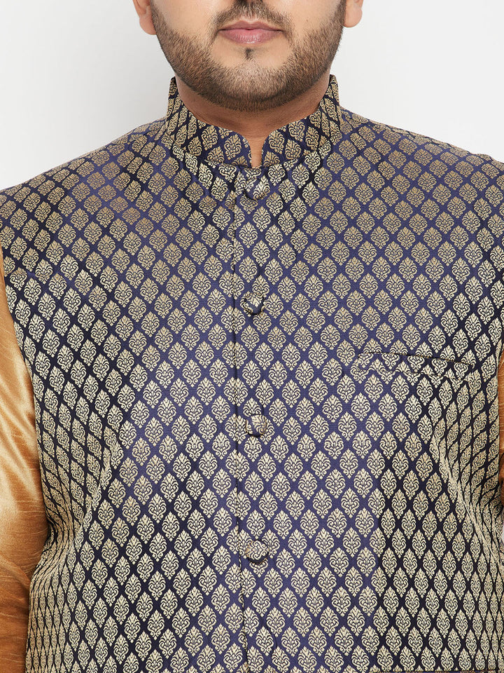 Men's Plus Size Rose Gold And Blue Woven Silk Blend Jacket Kurta Pyjama Set