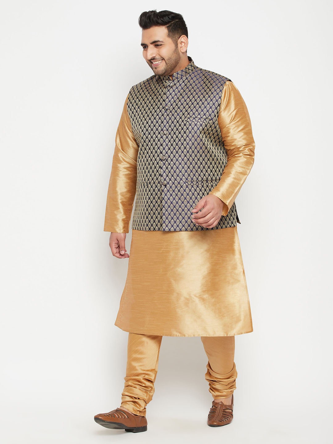 Men's Plus Size Rose Gold And Blue Woven Silk Blend Jacket Kurta Pyjama Set