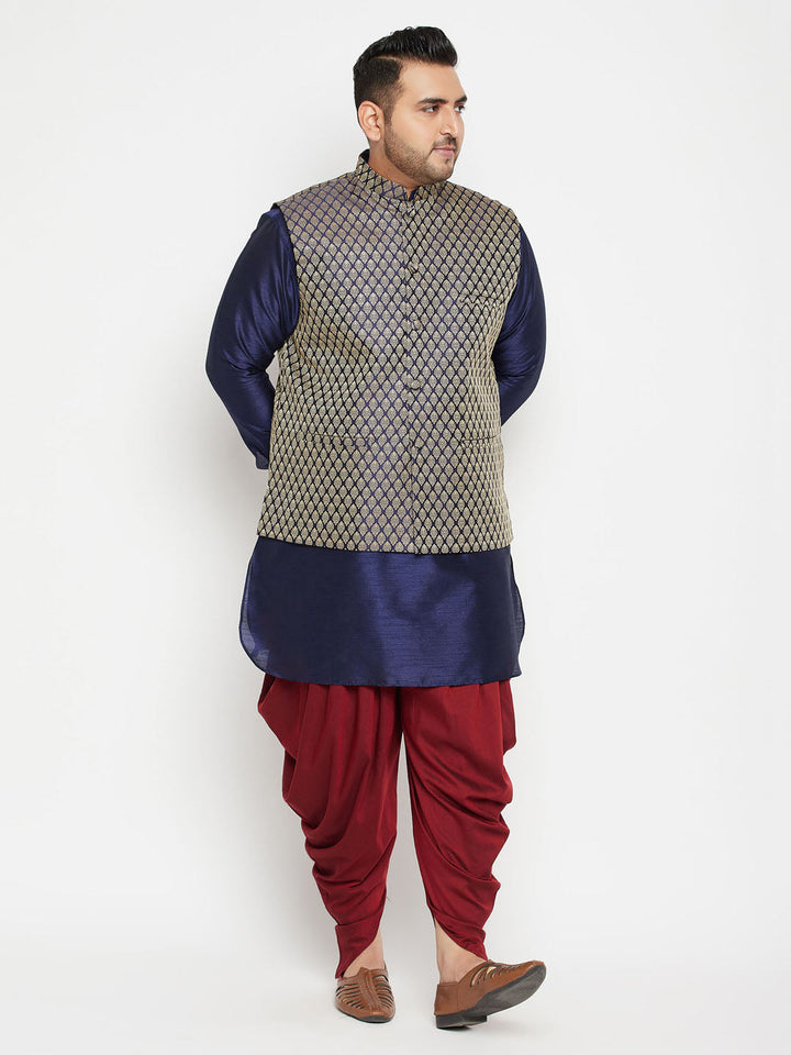 Men's Plus Size Navy Blue And Maroon Silk Blend Jacket Kurta Dhoti Pant Set