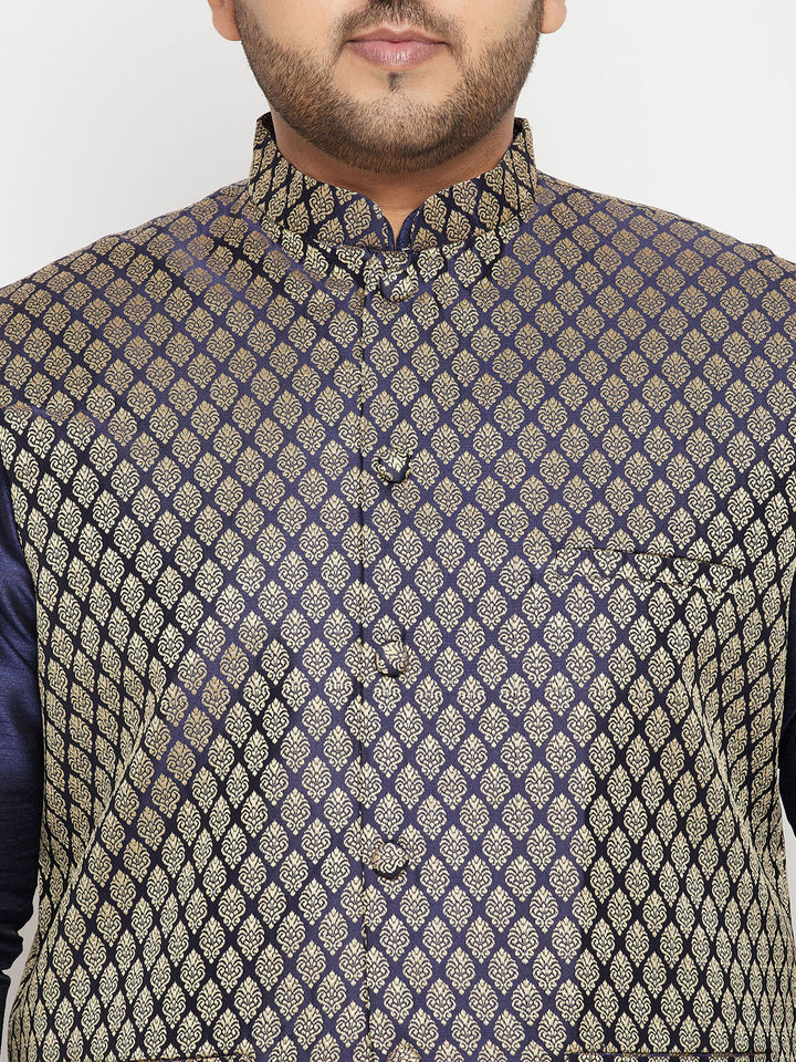 Men's Plus Size Navy Blue And Maroon Silk Blend Jacket Kurta Dhoti Pant Set