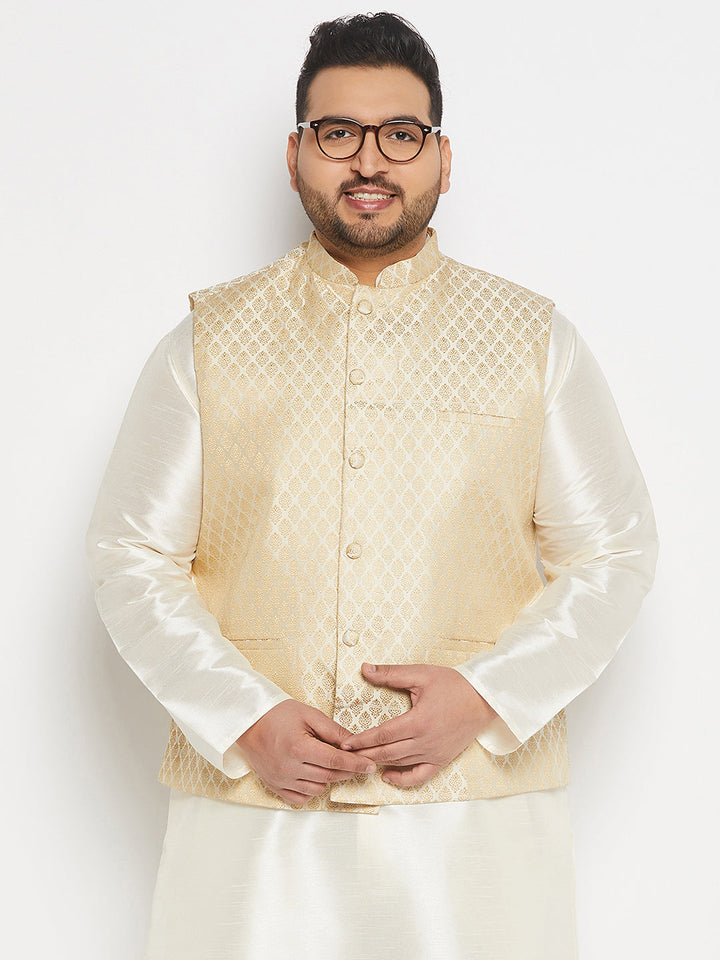 Men's Plus Size Cream And Gold Jacquard Nehru Jacket