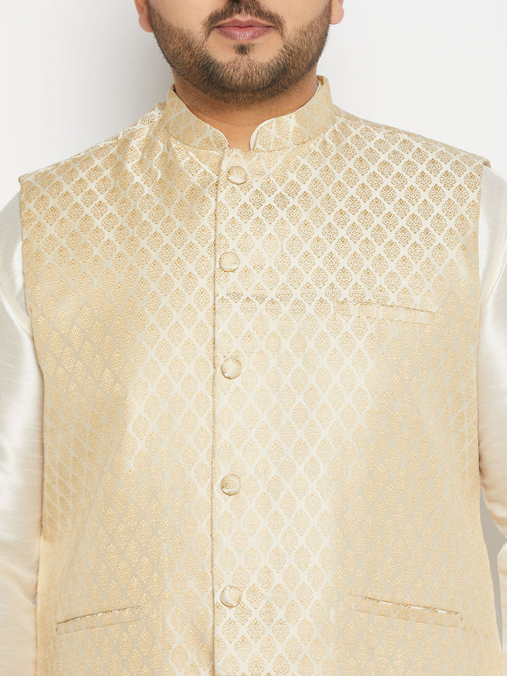 Men's Plus Size Cream And Gold Jacquard Nehru Jacket