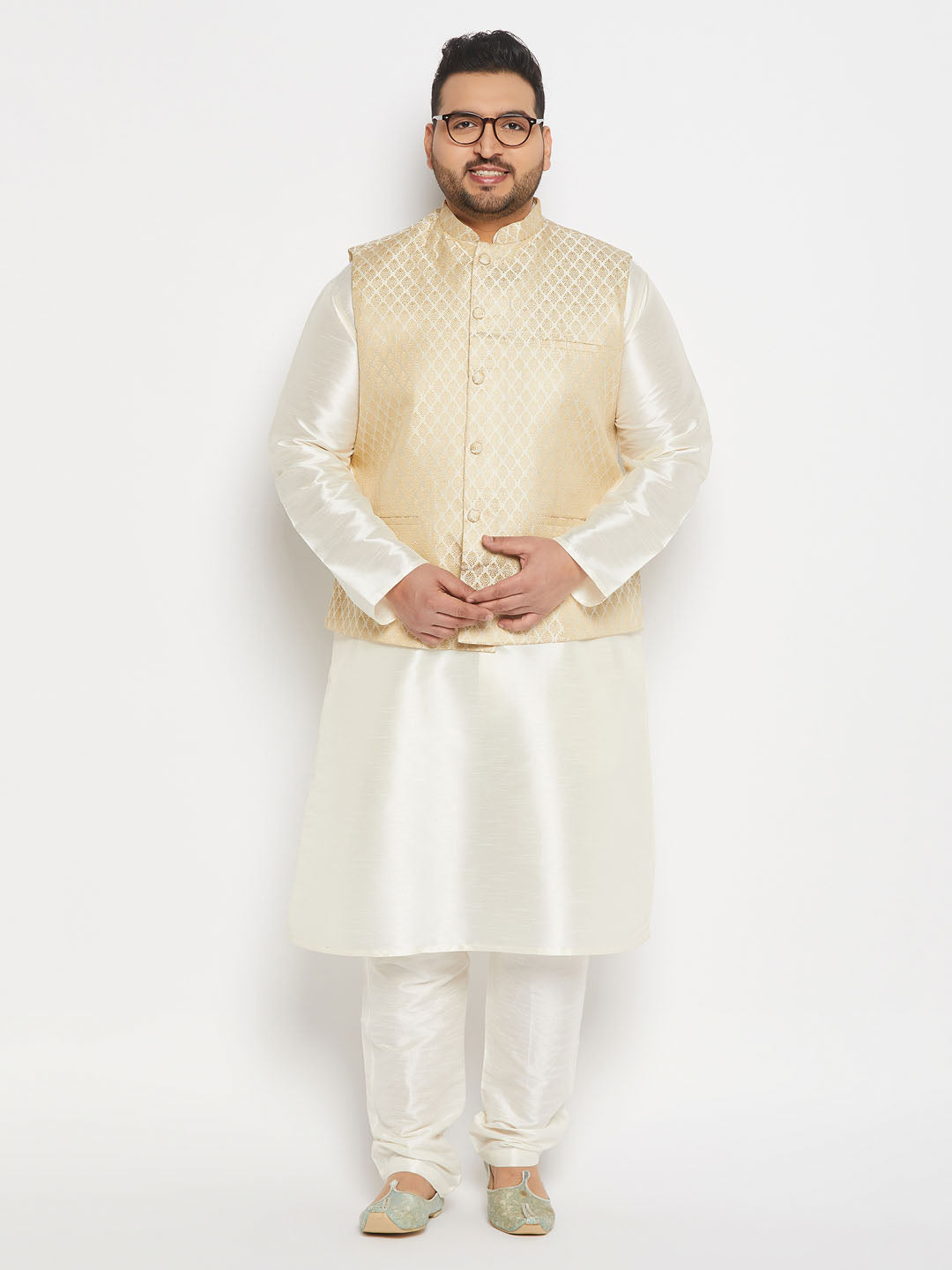 Men's Plus Size Cream And Gold Jacquard Nehru Jacket