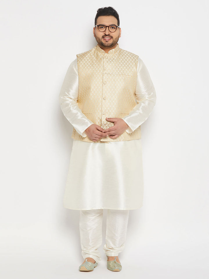 Men's Plus Size Cream And Gold Jacquard Nehru Jacket