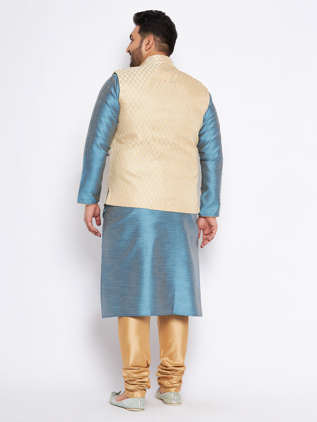 Men's Plus Size Cream Ethnic Cream Jacket With Aqua Silk Blend Kurta And Golden Pyjama Set