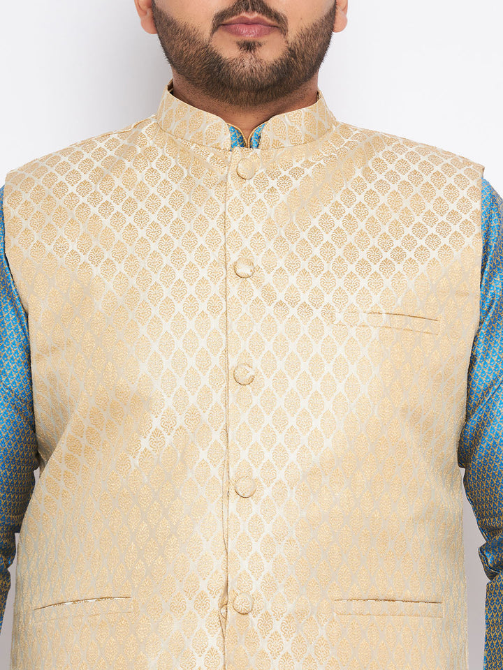 Men's Plus Size Cream Ethnic Cream Jacket With Aqua Silk Blend Kurta And Golden Pyjama Set
