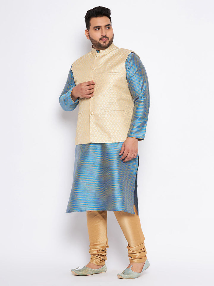 Men's Plus Size Cream Ethnic Cream Jacket With Aqua Silk Blend Kurta And Golden Pyjama Set