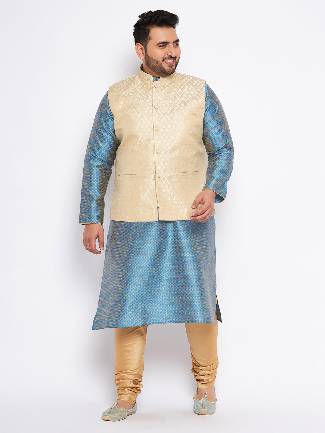 Men's Plus Size Cream Ethnic Cream Jacket With Aqua Silk Blend Kurta And Golden Pyjama Set