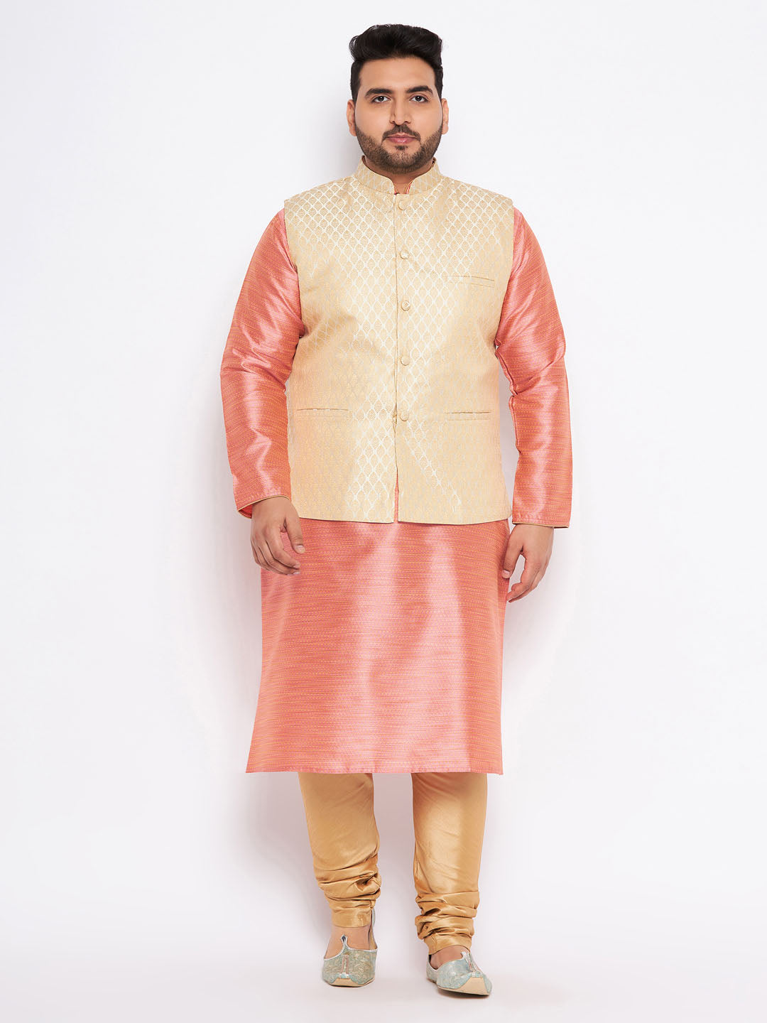 Men's Plus Size Cream Ethnic Cream Jacket With Pink Silk Blend Kurta And Golden Pyjama Set