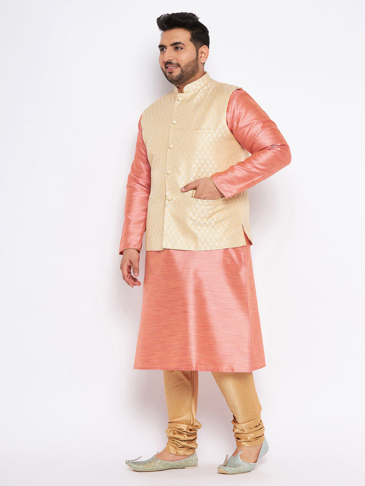 Men's Plus Size Cream Ethnic Cream Jacket With Pink Silk Blend Kurta And Golden Pyjama Set