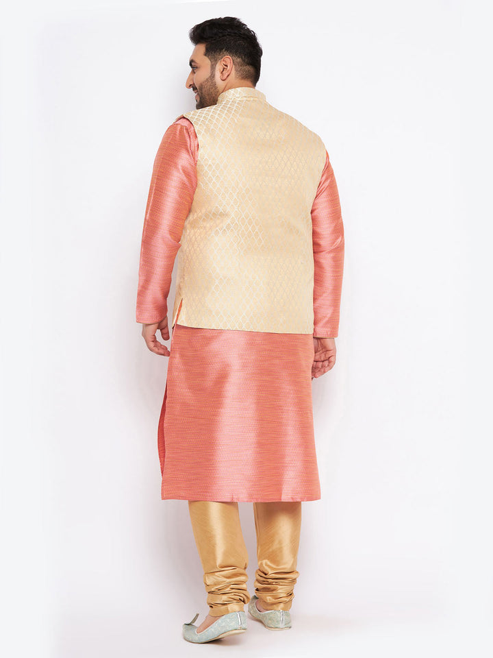 Men's Plus Size Cream Ethnic Cream Jacket With Pink Silk Blend Kurta And Golden Pyjama Set
