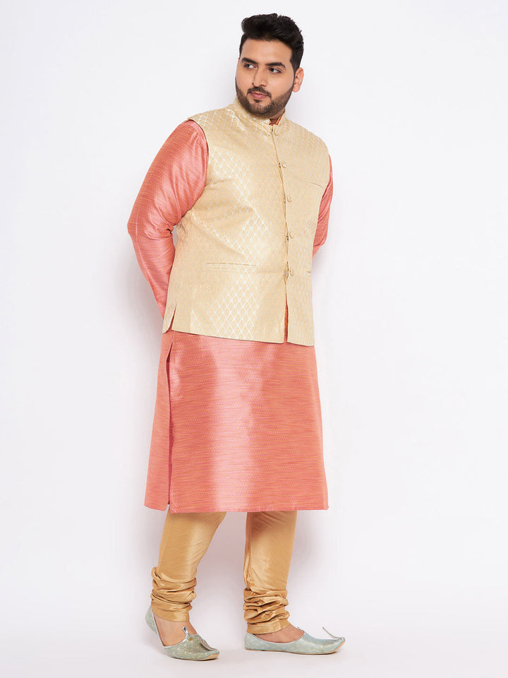 Men's Plus Size Cream Ethnic Cream Jacket With Pink Silk Blend Kurta And Golden Pyjama Set