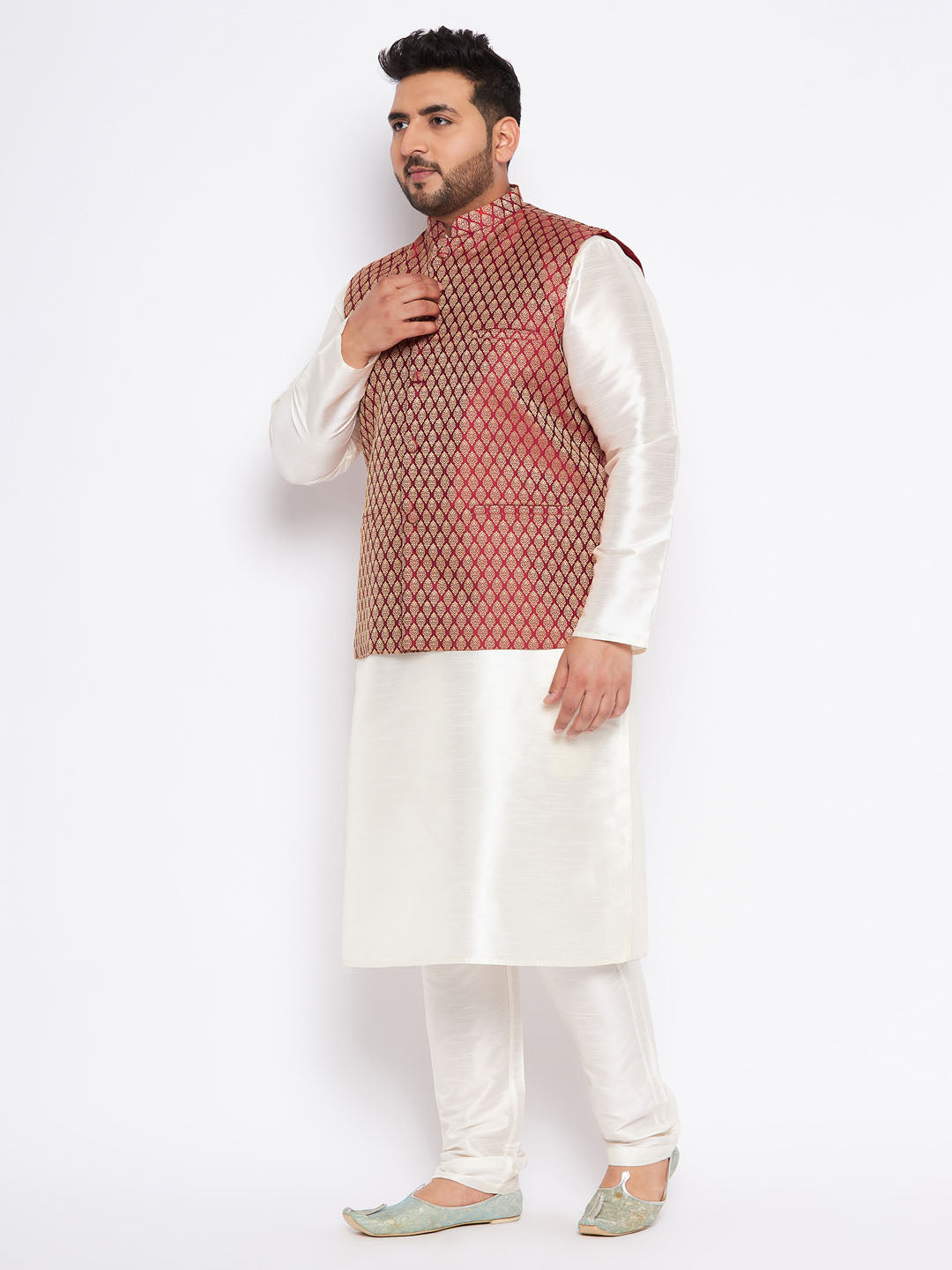 Men's Plus Size Maroon Silk Blend Jacket And Cream Kurta Pant Set