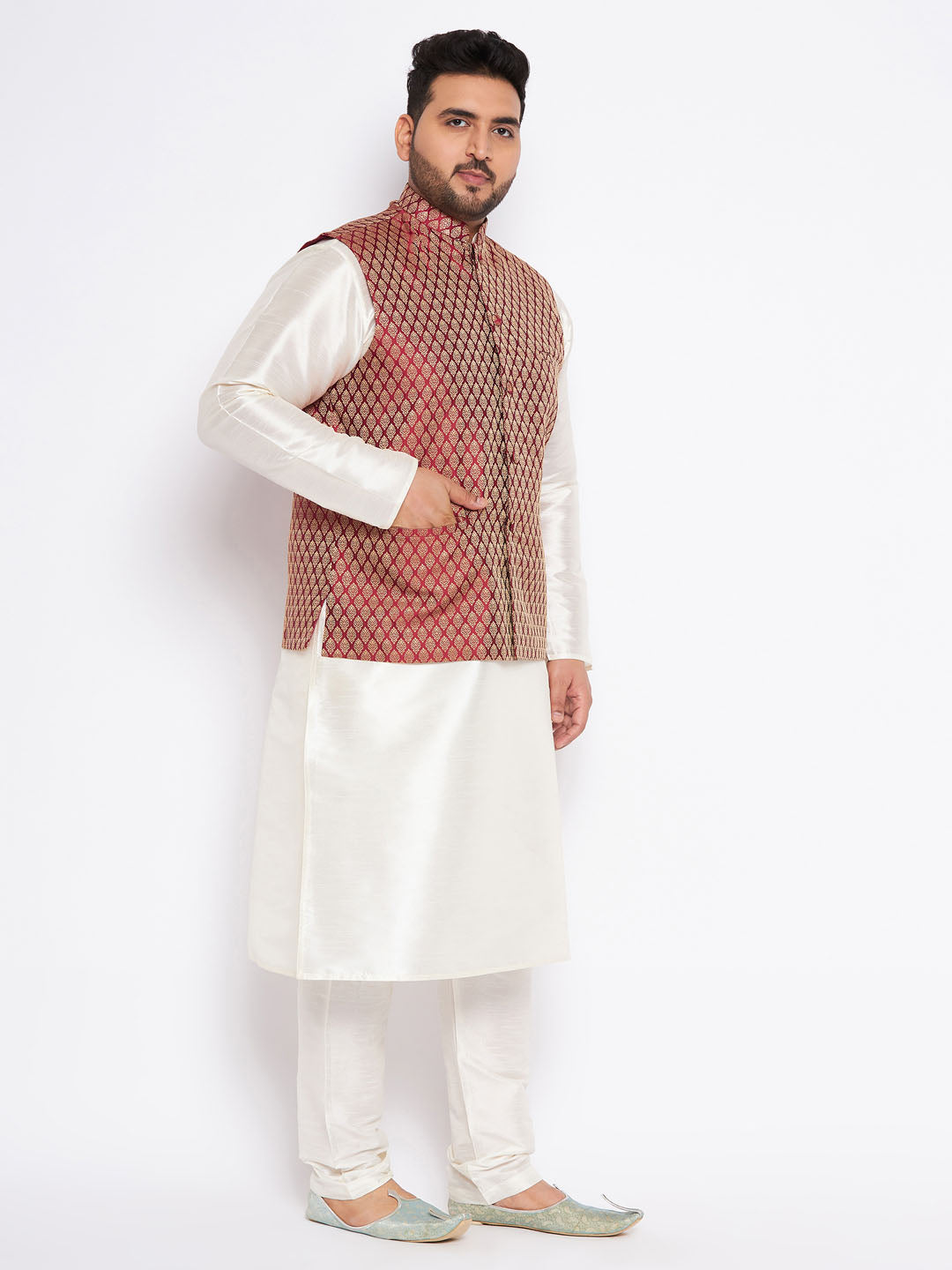 Men's Plus Size Maroon Silk Blend Jacket And Cream Kurta Pant Set
